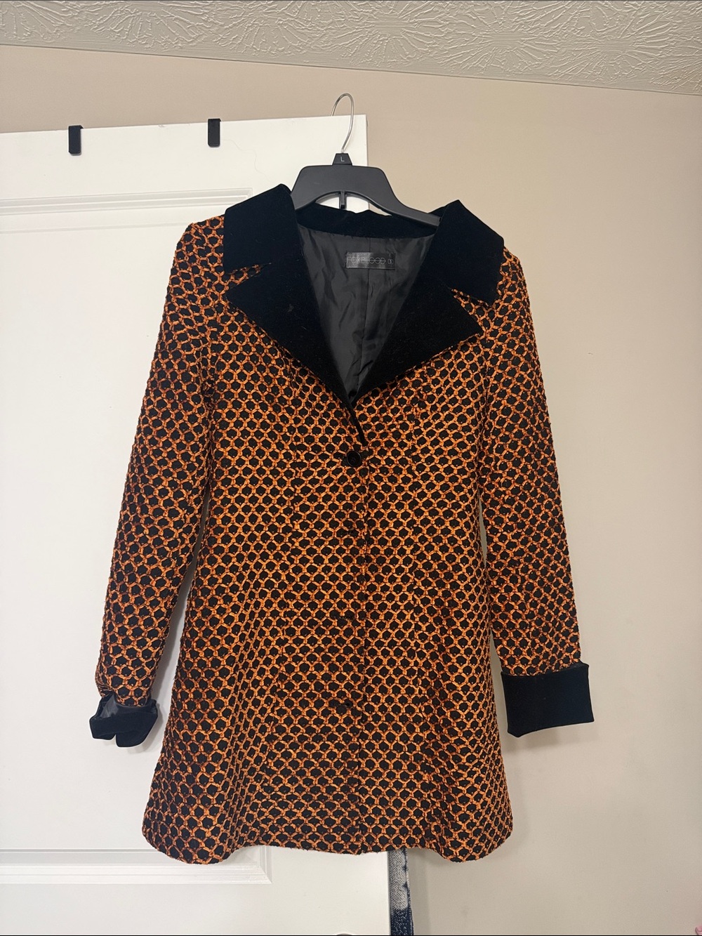 Women's Black & Orange Patterned Pea Coat with Velvet Collar